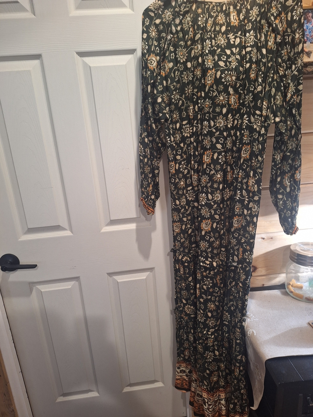 NATURAL LIFE Olive Green Floral Maxi Dress with Cream & Tan Accents